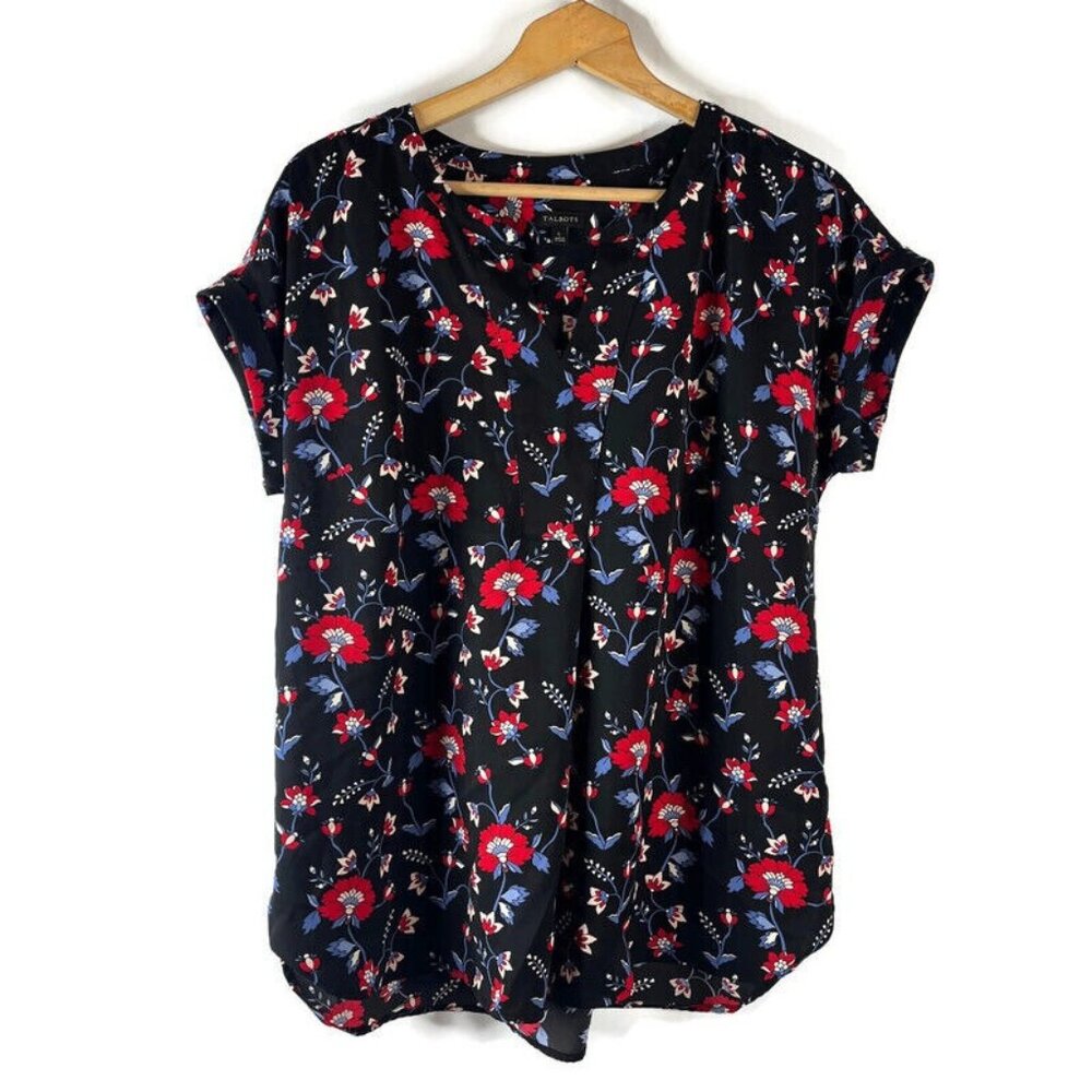 Talbots Womens Tunic Blouse Shirt Top Size Large Black Red Floral Short Sleeve